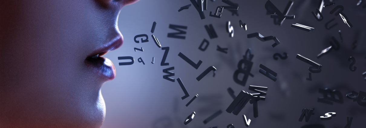 The image features a gradient background transitioning from a reddish hue on the left to a bluish hue on the right. On the right side, there are numerous black letters and symbols scattered and floating in mid-air, creating an abstract effect. The letters vary in orientation and size, giving a sense of motion or dispersion. There isn't any visible text or math problems in this image.