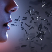 The image features a gradient background transitioning from a reddish hue on the left to a bluish hue on the right. On the right side, there are numerous black letters and symbols scattered and floating in mid-air, creating an abstract effect. The letters vary in orientation and size, giving a sense of motion or dispersion. There isn't any visible text or math problems in this image.